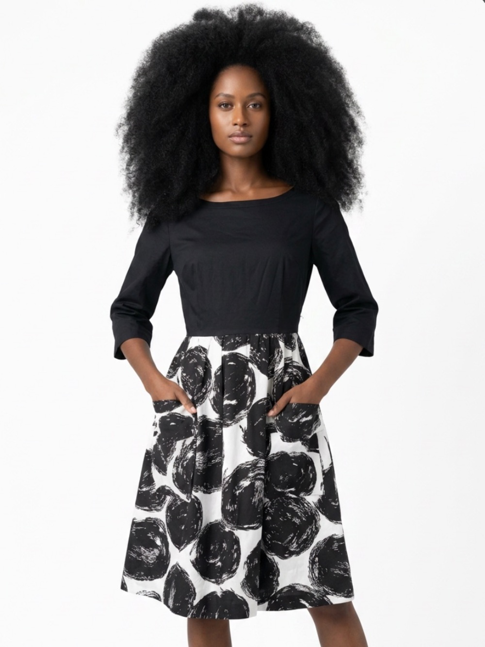 MAEVE Dress Fit Flare Black White Brushstroke Printed Bateau A Line Pockets